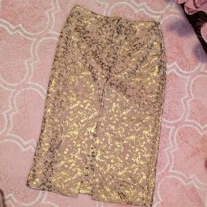 Topshop Gold And Pink Metallic Pattern Midi Pencil Skirt Size 6 NWOT